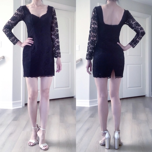 Gorgeous Vintage Moda Intl 1980s Black Lace Long Sleeve Cocktail Dress - Picture 1 of 10
